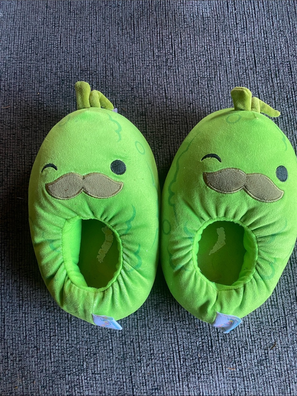 Squishmellow Cute Green Pickle Plush Slippers with Mustache Size 2 or 3 Big Kids